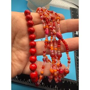 Boho Red Orange Beaded Bracelet Set Multi-Strand Seed Bead Polished Bead 2pc